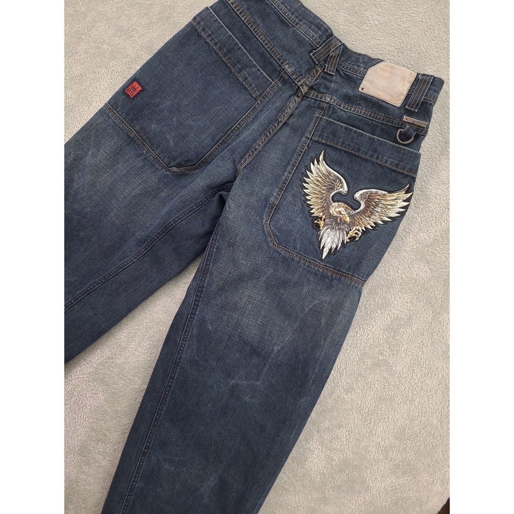 JNCO Jeans Mens 33X32 Wide Leg Baggy Denim Dark Wash Embroidered Eagle 90s Y2K